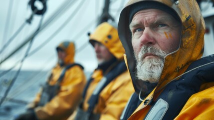 Wall Mural - A group of three men dressed in yellow rain gear and life jackets sitting on a boat looking out to sea with serious expressions.