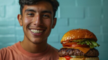 Wall Mural - A young man with a radiant smile holding a towering appetizing burger with a variety of toppings against a vibrant blue backdrop.