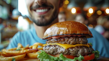 Wall Mural - A man smiling at the camera with a large appetizing hamburger in front of him featuring a juicy patty melted cheese and fresh lettuce and tomato sewed with a side of golden fries.