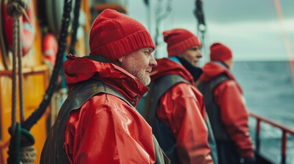 Wall Mural - Three individuals clad in red jackets and hats standing in a snowstorm with snowflakes visible in the air and on their clothing.