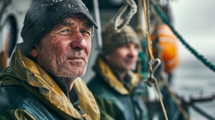 Wall Mural - Two men in rain gear on a boat looking into the distance with a blurred background of water and sky.