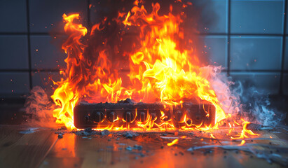 A photo of an electrical fire breaking out from the power strip on which it is placed