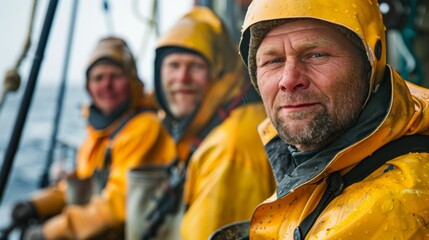 Wall Mural - Three men in yellow rain gear possibly fishermen standing on a boat looking out to sea with a backdrop of a cloudy sky and water.