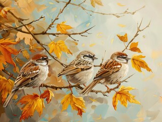 Wall Mural - sparrow on branch