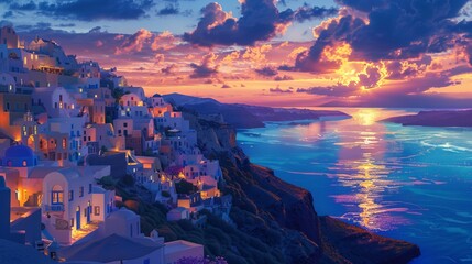 Beautiful sunset over a coastal town with illuminated homes and scenic backdrop. This is a serene and vibrant landscape scene. The warm sunset colors add to the calm ambiance of the picture. Ai