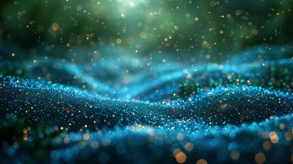 Poster - Mystical dark scene with sparkling blue particles scattered across a dreamy, wavy landscape