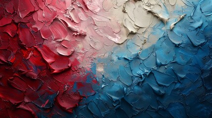 Poster - Textured close-up of red and blue paint merging on a canvas with dynamic strokes