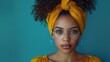© Larisa AI - A stylish young woman with a turban and glasses poses with confidence against a solid backdrop