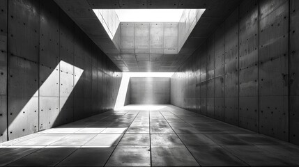 Poster - A symmetrically composed photo of a concrete corridor in modern architecture, sunlight casting sharp shadows