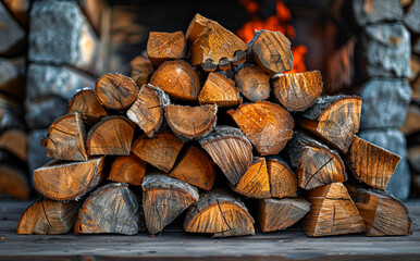 Wall Mural - A pile of wood logs stacked in a fireplace
