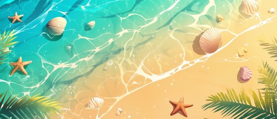 Wall Mural - Beach summer panoramic background with seashells and starfish