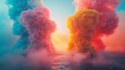 Poster - Dramatic explosion of vibrant pink and orange smoke clouds creating an abstract, dreamlike atmosphere