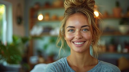 Wall Mural - A happy, young woman with blue eyes and a relaxed smile in a cozy indoor environment