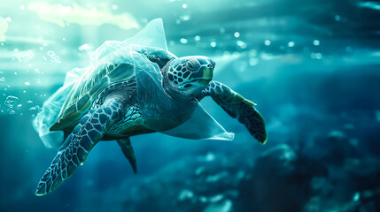 A turtle swims close to a floating plastic bag in the ocean. The issue of plastic pollution in the ocean. Generative AI.