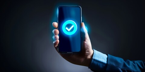 Businessman holding a smartphone with a green checkmark, perfect for validated and approved status visuals.