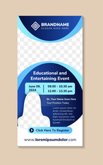 Poster - Roll up banner template design, educational and entertaining event poster on vertical layout, advertisement, pull up, curve background. multicolor blue gradient on element and background. photo space