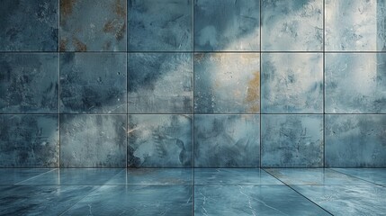 Poster - A glossy blue tiled room under lighting that reflects off the shiny surface, creating depth and texture