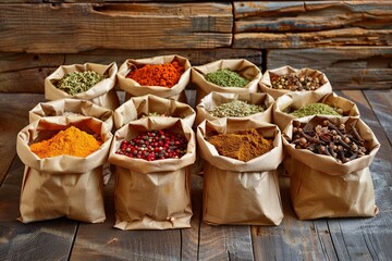 Fototapete - A collection of various dry spices, such as turmeric, paprika, and cinnamon, are arranged in open paper bags on a rustic wooden surface. Generative AI