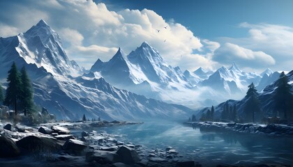 Wall Mural - Fantastic panoramic view of snowy mountains. Dramatic overcast sky. Beauty world. 3D illustration