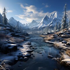 Wall Mural - Beautiful panoramic view of the snowy mountains and the river