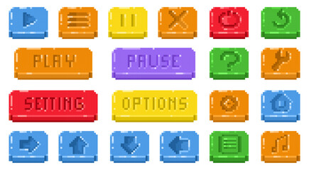 Poster - pixel menu buttons. retro video game interface icons, 8 bit game panel plus minus symbols, old schoo