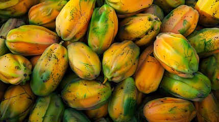 Close-up of freshly harvested ripe papayas with vibrant colors and textures