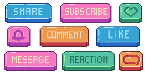 Poster - social pixel media pixel banner. retro 8 bit game ui interface, app website blog elements, like shar