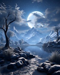 Wall Mural - Fantasy landscape with a frozen lake and mountains at night 3d illustration