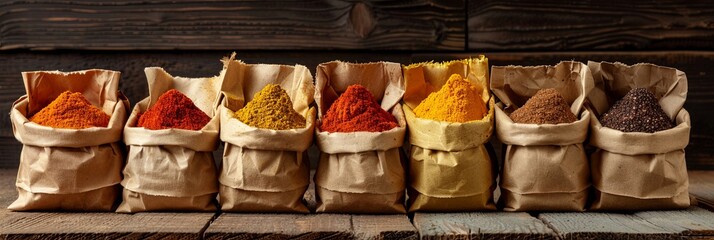 Fototapete - A collection of various dried spices in open paper bags arranged on a rustic wooden surface. The vibrant colors of the spices create a beautiful display. Generative AI