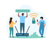 © Iconic Prototype - Security and safety of internet connection, safe wireless network. Tiny people protect access to router signal with password and encryption, connect to hotspot point cartoon vector illustration