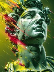 Sticker - A vibrant colors digital painting of an abstract design with the head, face of a Greek statue in ruins made from lines drawn on glass that has been broken into tiny pieces with a dark background.