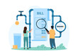 © Iconic Prototype - Payment of utility bill, economy. Tiny people monitor water consumption and check readings on dial of water meter, check paper receipt with magnifying glass to pay money cartoon vector illustration