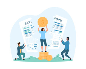 Wall Mural - Tax payment reduction, less deductions, business accounting. Tiny people cut paper tax invoice to reduce taxation and corporate company expenses, return and save money cartoon vector illustration