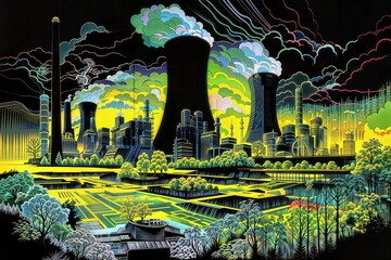 Wall Mural - A vibrant, neon-lit digital artwork showcases a futuristic nuclear power station with towering cooling towers and a sprawling complex. The scene is set against a dramatic sky with swirling clouds.