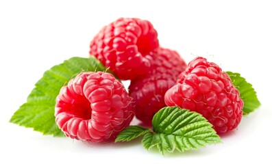 Sticker - Fresh ripe raspberries with green leaves isolated on white background. Close-up shot of vibrant red berries. Perfect for healthy food and fruit concepts, stock photography, and digital media. AI