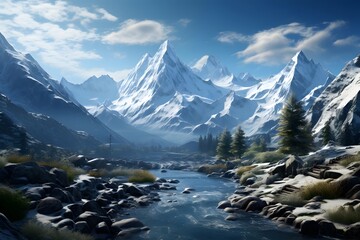 Wall Mural - Panoramic view of snow-capped mountain peaks and river