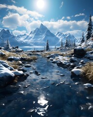 Wall Mural - Beautiful winter landscape with mountains and river, 3d render.