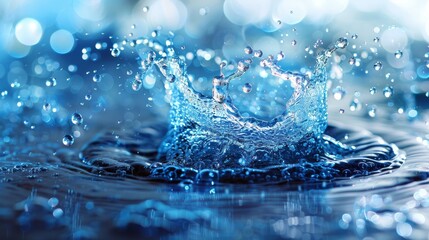 Poster - Close-up vibrant image of water splash resembling a crown, with droplets suspended against a blue bokeh background