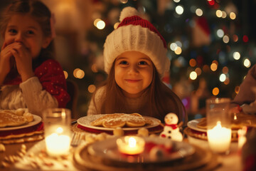 Poster - Little girl in a Santa hat smiling brightly at a festive Christmas dinner table with candles and holiday treats.