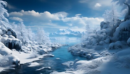 Wall Mural - Winter landscape. Panoramic view of the mountain river. Beautiful winter landscape.