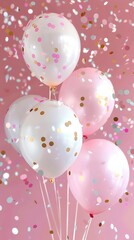 Wall Mural - Background for birthday party and celebration with pink, white gold and pastel balloons with confetti 