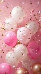 Wall Mural - Background for birthday party and celebration with pink, white gold and pastel balloons with confetti 