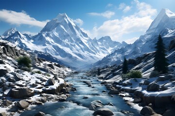Wall Mural - Mountain landscape with a river and snow-capped peaks.