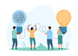 © Iconic Prototype - Process of solving complex problem, putting thoughts in order, psychology and help from coach with communication problem. Tiny people untangle chaos of wires to light lamp cartoon vector illustration