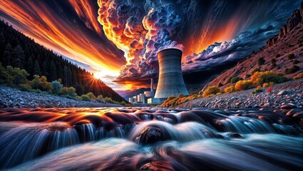 Wall Mural - Surreal vivid scene of erupting nuclear power plant with billowing clouds in fiery colors, river rapids in valley surrounded by rocky mountains and forests.