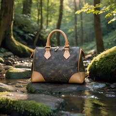 a brown and tan handbag sitting on a rock in the woods