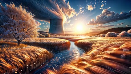 Wall Mural - Surreal sunset with ethereal clouds and steam swirling around cooling towers of a power plant in an idyllic landscape with a river and golden field.