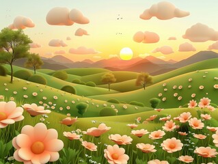 Wall Mural - Illustration of a spring landscape with green fields, in the style of a cartoon