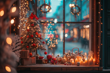 Canvas Print - Enchanting Christmas window display featuring a tree, gifts, and warm candles creating a festive ambiance