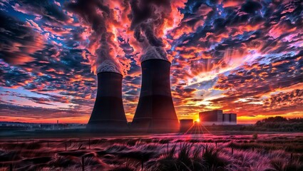 Wall Mural - A striking power plant scene at sunset with two prominent cooling towers, billowing steam, and a vividly colored sky. The landscape is bathed in warm hues, featuring a mix clouds.
